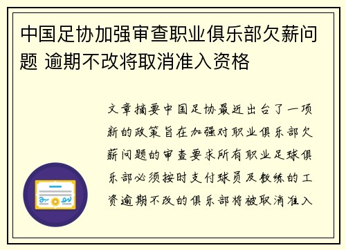 中国足协加强审查职业俱乐部欠薪问题 逾期不改将取消准入资格