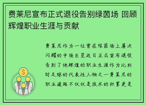费莱尼宣布正式退役告别绿茵场 回顾辉煌职业生涯与贡献
