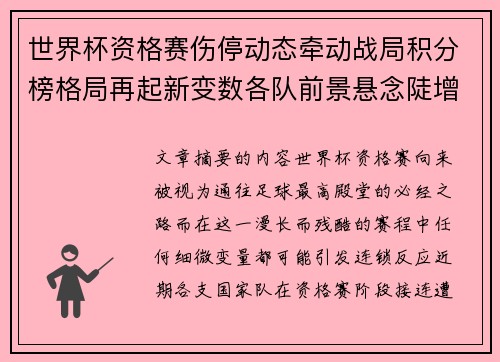 世界杯资格赛伤停动态牵动战局积分榜格局再起新变数各队前景悬念陡增 世界杯资格赛伤停动态牵动战局积分榜格局再起新变数各队前景悬念陡增